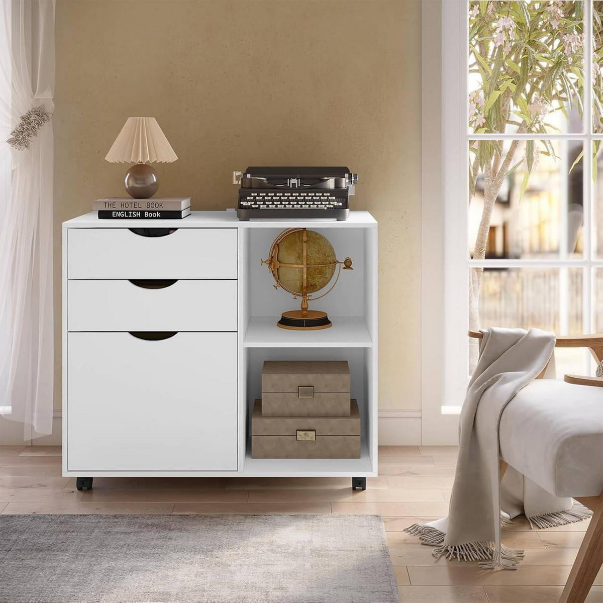 ROLLCONTAINER mit 3 Schubladen,5 Rollen, Weiß - Schwarz/Weiß, Holzwerkstoff (80/69.5/39.5cm) - Woltu