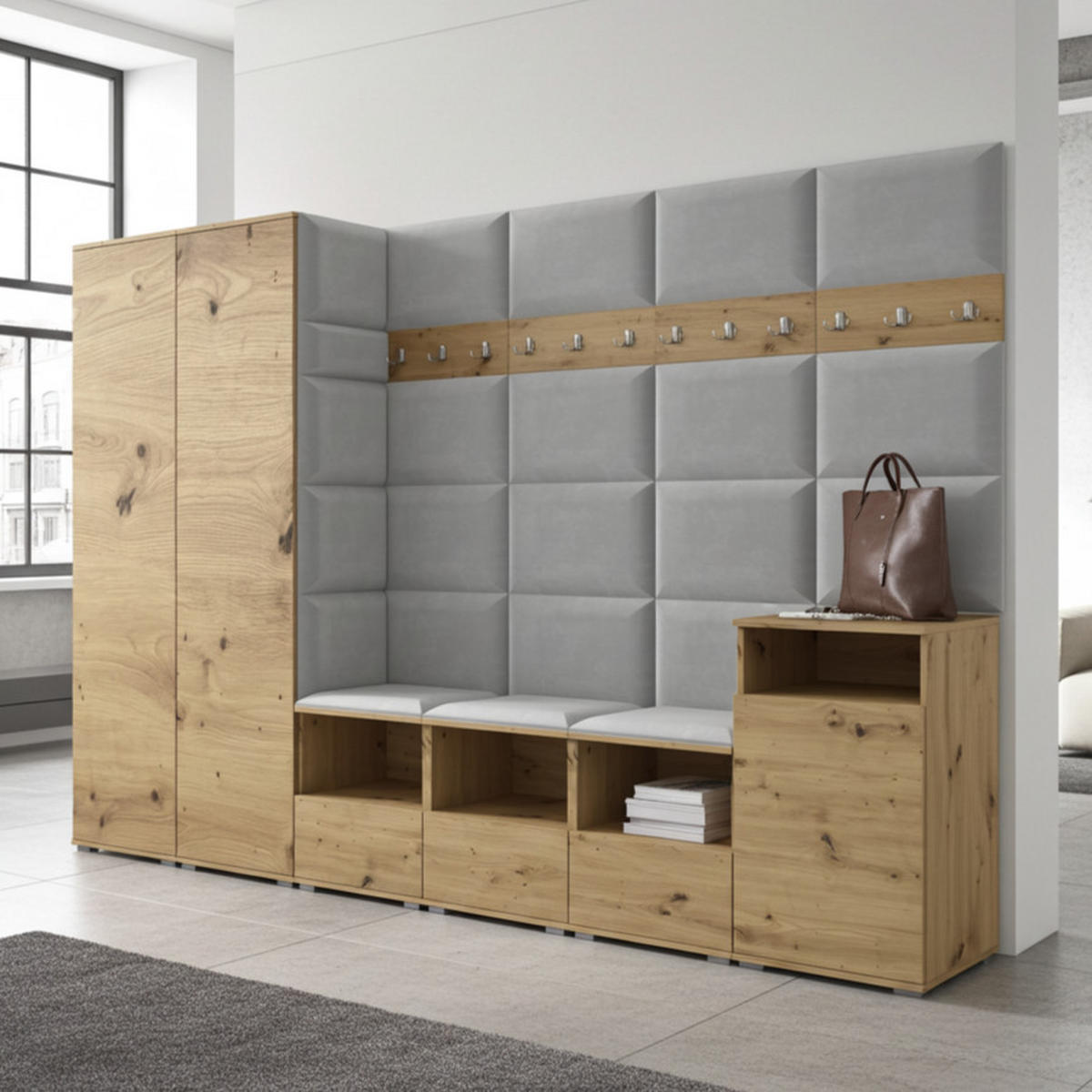 GARDEROBE NELA XII 300 cm (Modulare Flurmöbel Artisan Eiche mit Sitzpolster Hellgrau 32 Gigantisches Set) - Silberfarben/Hellgrau, Holz/Holzwerkstoff (300/187/40cm) - Ravio