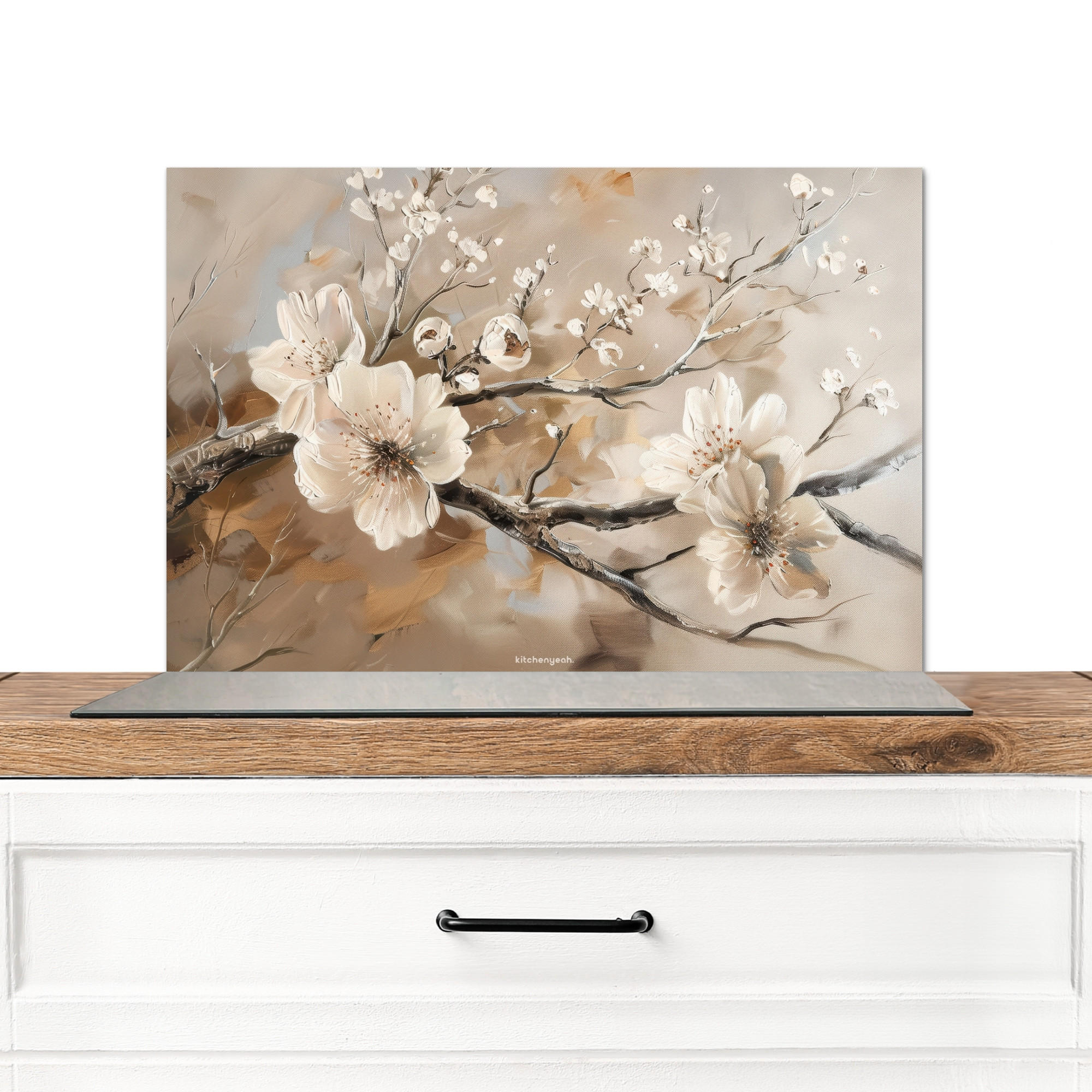 SPRITZSCHUTZ KÜCHE Blumen - Abstrakt - Gemalt - Beige 60x40 cm - Greige, Metall (60/0.3/40cm) - MuchoWow