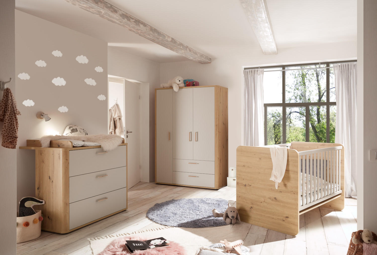 BABYZIMMER Lilly in Asteiche und Kreidegrau matt Lack 4 teilig - Grau, Holzwerkstoff (120/200/80cm)