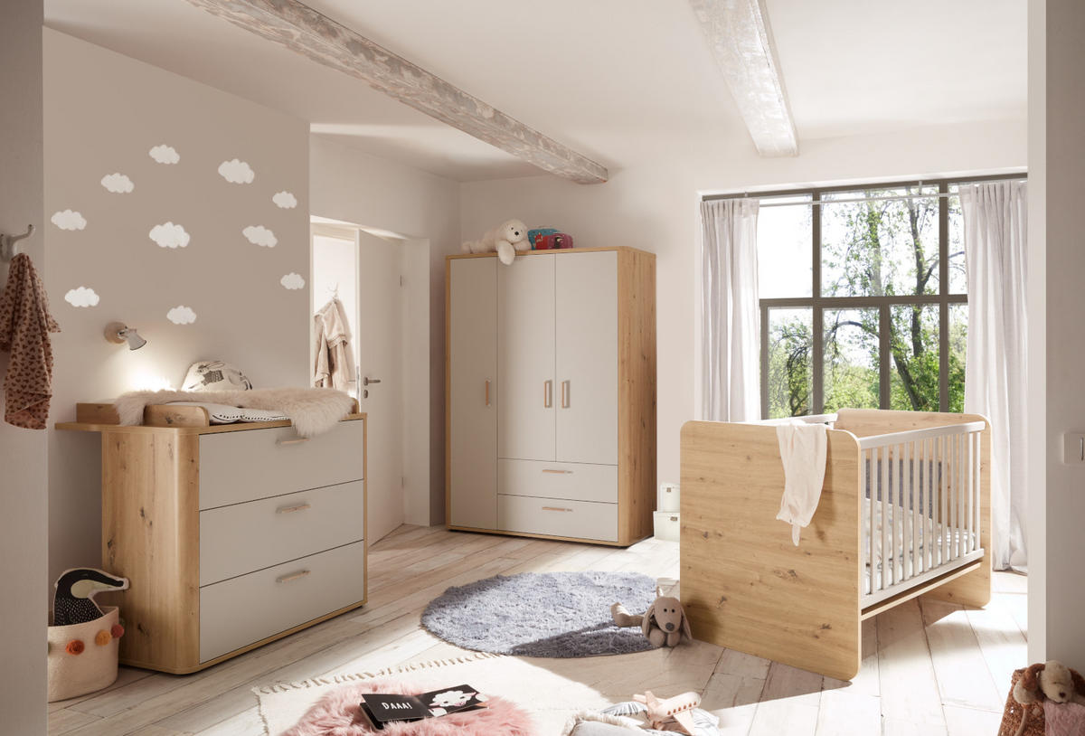BABYZIMMER Lilly in Asteiche und Kreidegrau matt Lack 4 teilig - Grau, Holzwerkstoff (120/200/80cm)