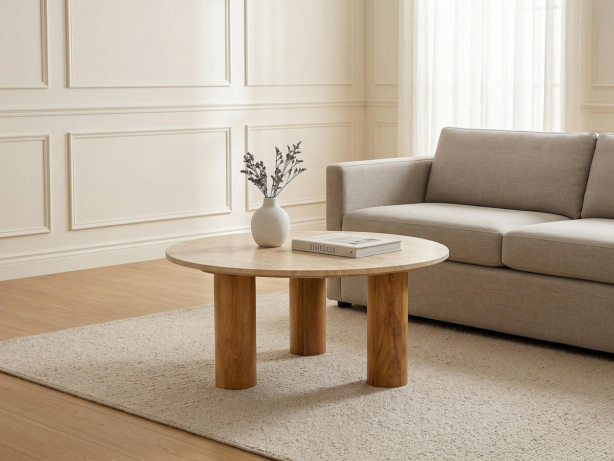 COUCHTISCH - 90 cm x 90 cm - Stein - Beige LISAVOK - Beige, Stein (90/90/40.5cm) - Vente-Unique