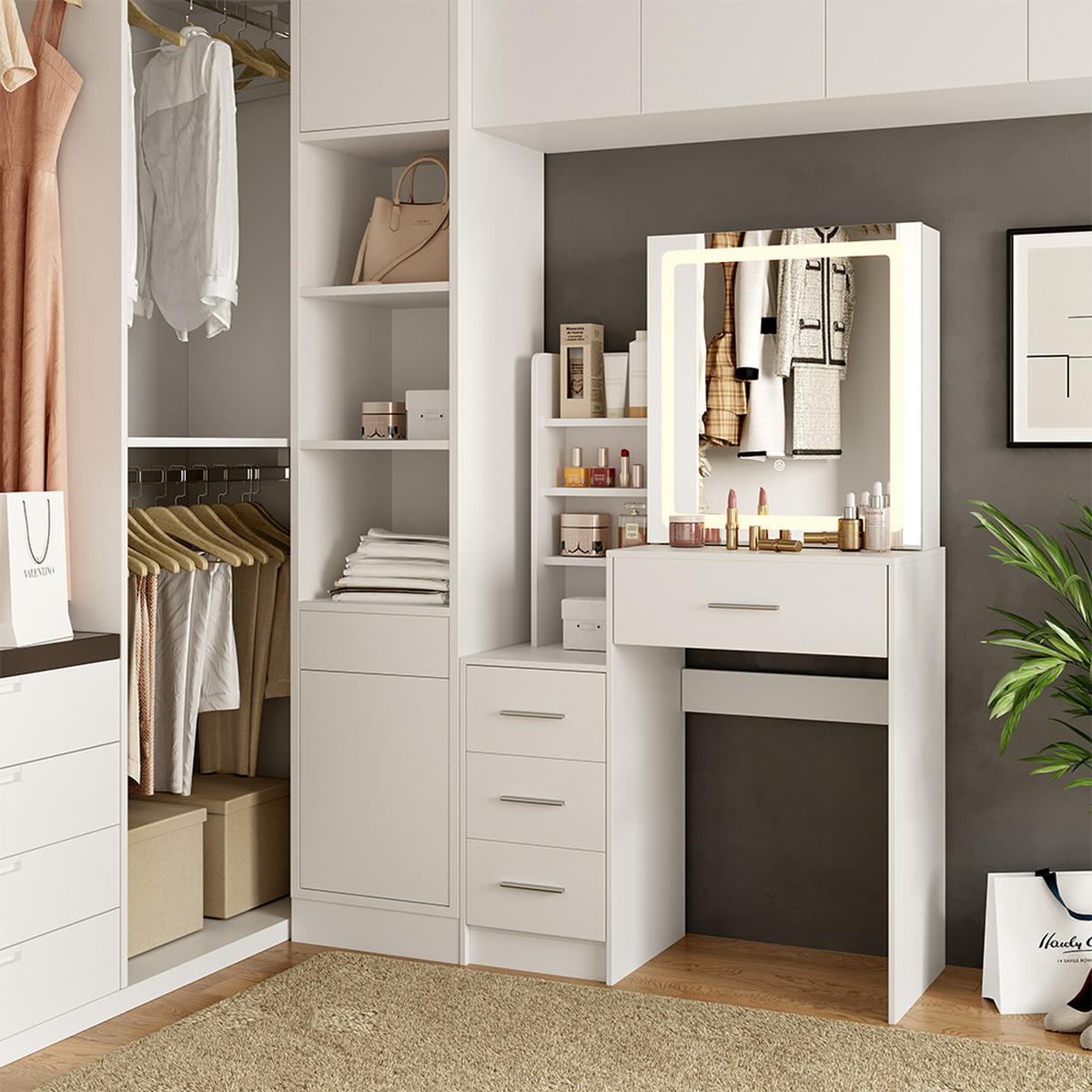 SCHMINKTISCH Lisca Weiß 80 cm mit LED-Spiegel - Weiß, Holzwerkstoff (80/131.6/36cm) - Vicco