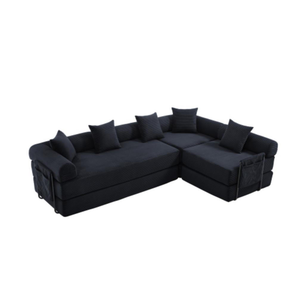 ECKSCHLAFSOFA Modulsofa,Fünfsitzer mit Schlaffunktion,kombinierbar,Cord,Schwarz - Schwarz, Textil (270/180cm) - LVHOM