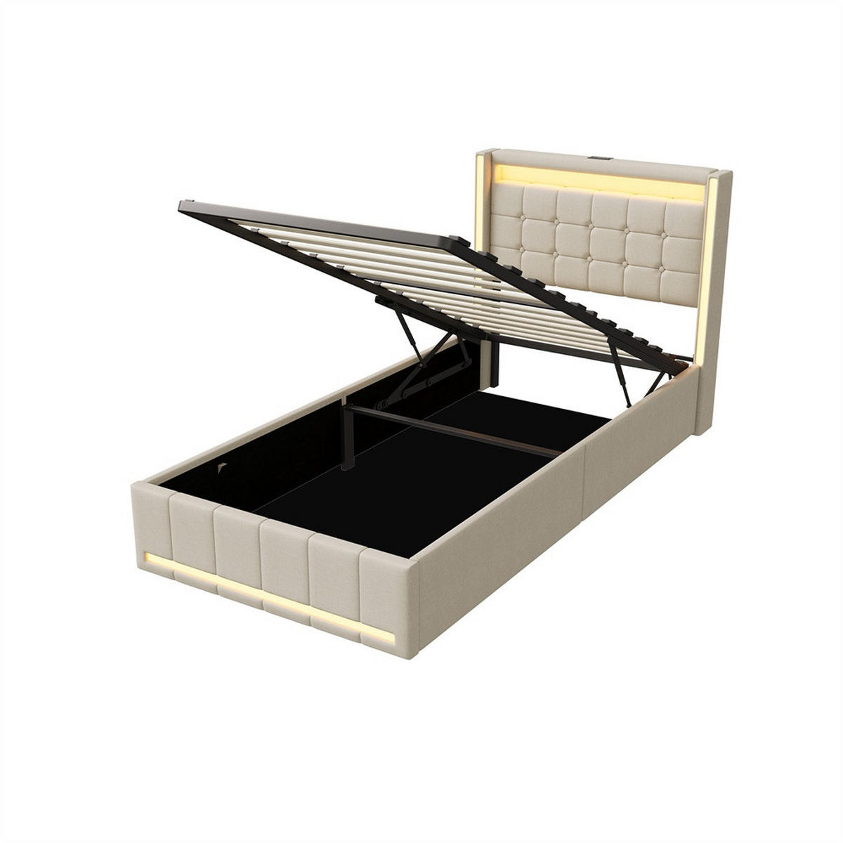 POLSTERBETT 90 x 200 cm mit LED-Beleuchtung an Kopfteil & Fußteil, Ladestation & hydraulischem Stauraum - Beige - Beige, Textil (90/200cm) - DELFA
