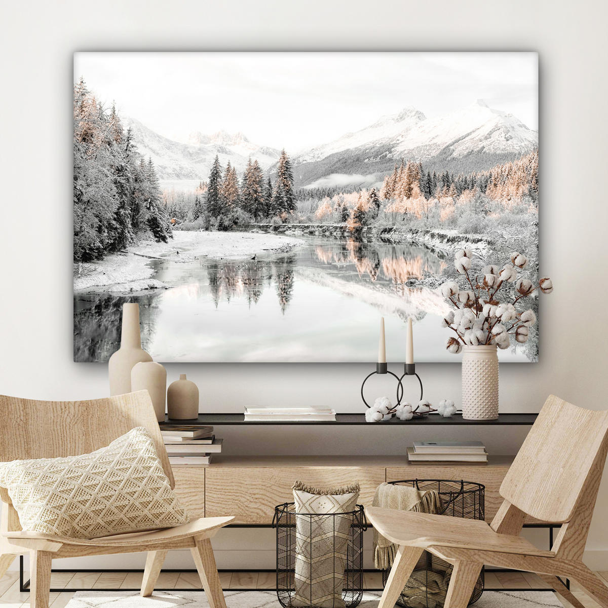 LEINWANDBILD Natur - Winter - Bäume - Berge - Schnee Wohnzimmer 120x80 cm - Weiß Hochglanz, Textil (120/80cm) - MuchoWow
