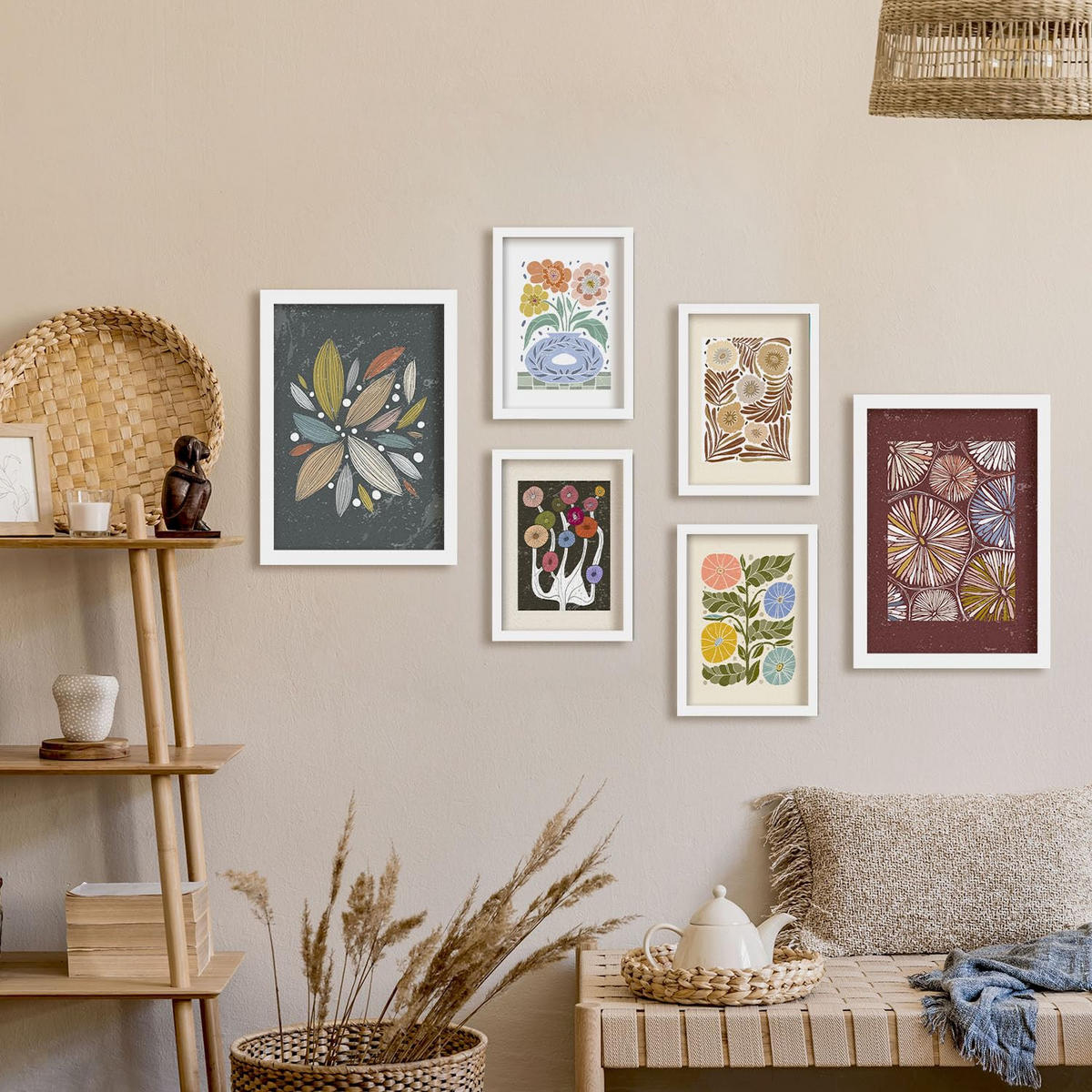 POSTER Set Mit 6 Drucken Von Blumen Im Ethnischen Drucke Sammlung Ästhetische Dekorative Rahmen Für Ihr Zuhause Wandkunstdruck A3 & A4 Weißer Rahmen - Weiß, Papier (29/3cm) - Nacnic