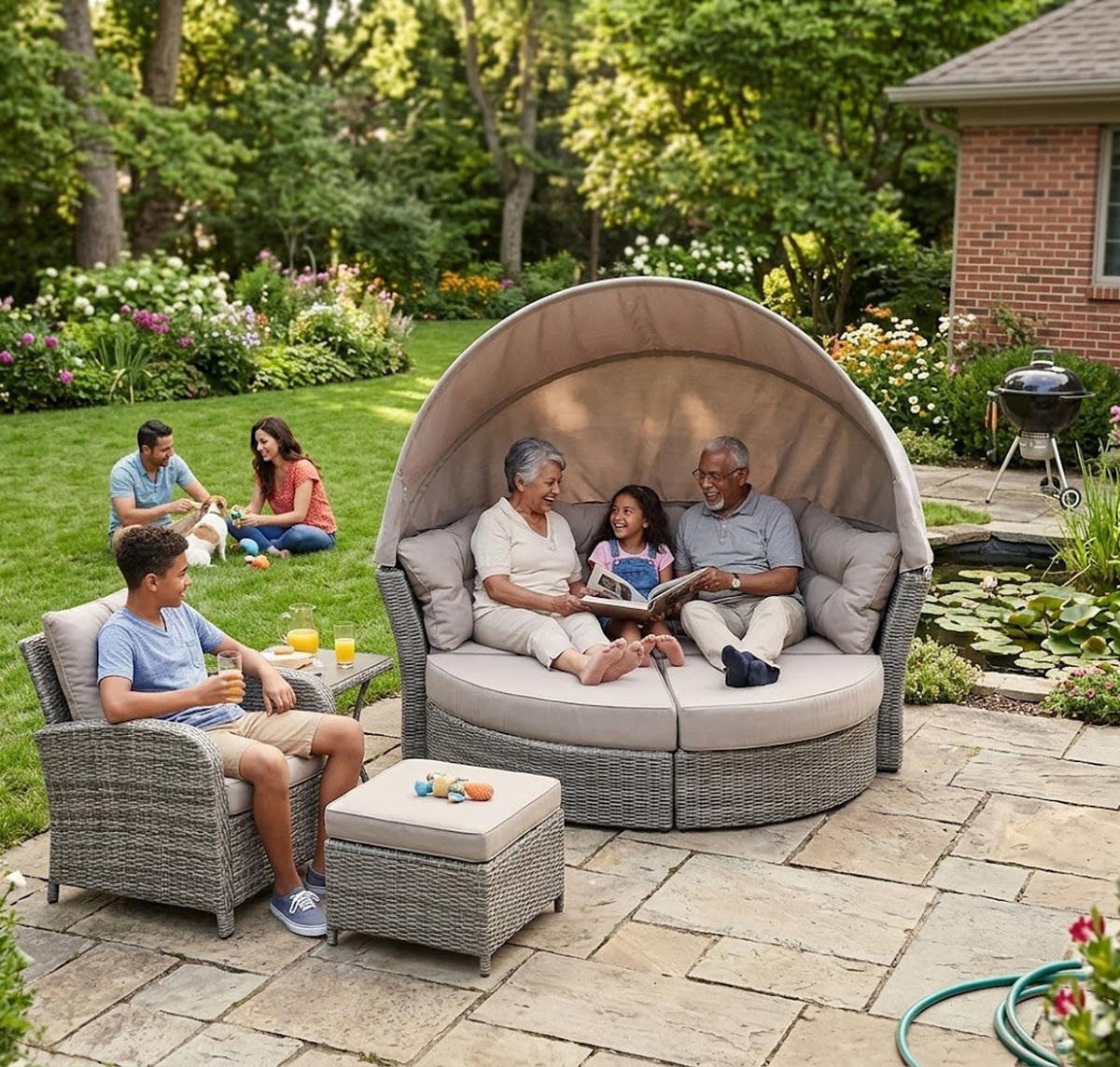 LIEGEINSEL, Alu + Polyrattan Grau Bicolor, Polster Taupe - Grau, Metall (200/172/187cm) - TPFGarden