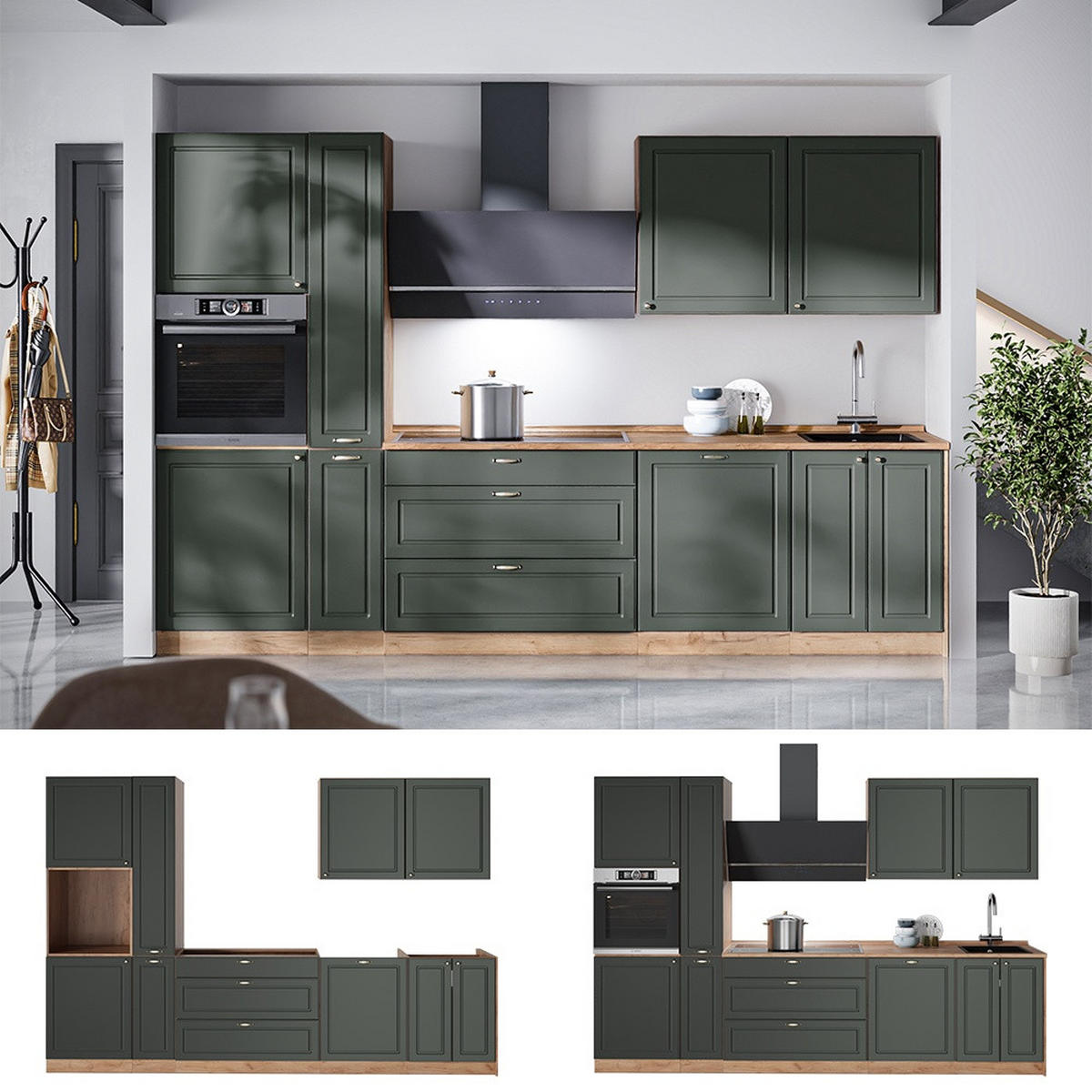 KÜCHENZEILE Fame-Line, Grün-Gold Landhaus/Goldkraft Eiche, 310 cm, AP Marmor - Honigeiche/Grün, Holzwerkstoff (310/206.8/60cm) - Vicco