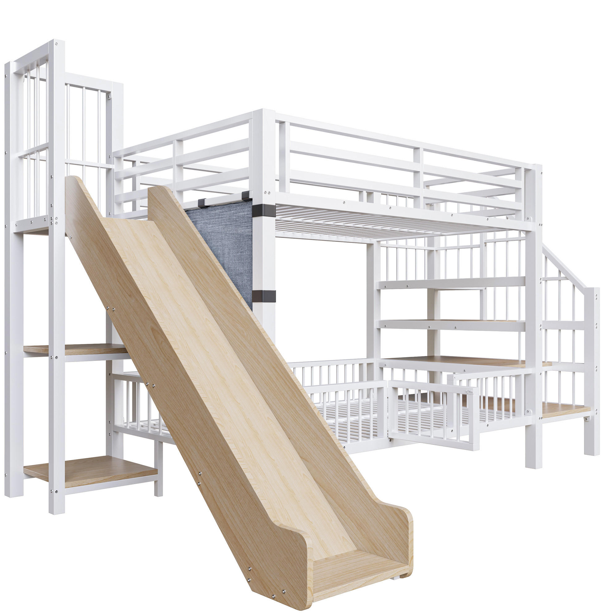 HOCHBETT 90/200 cm aus Metall/MDF mit Rutsche, Stauraumtreppe und Regalen Weiß - Weiß, Metall (90/200cm) - Modenvie