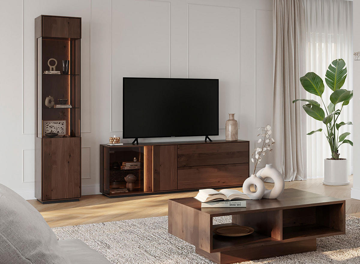 WOHNZIMMER-SET Collodi Wildeiche Tabak (3tlg) - Türanschlag links - Wildeiche/Eichefarben, Holz (318/205/70cm) - Feldmann-Wohnen