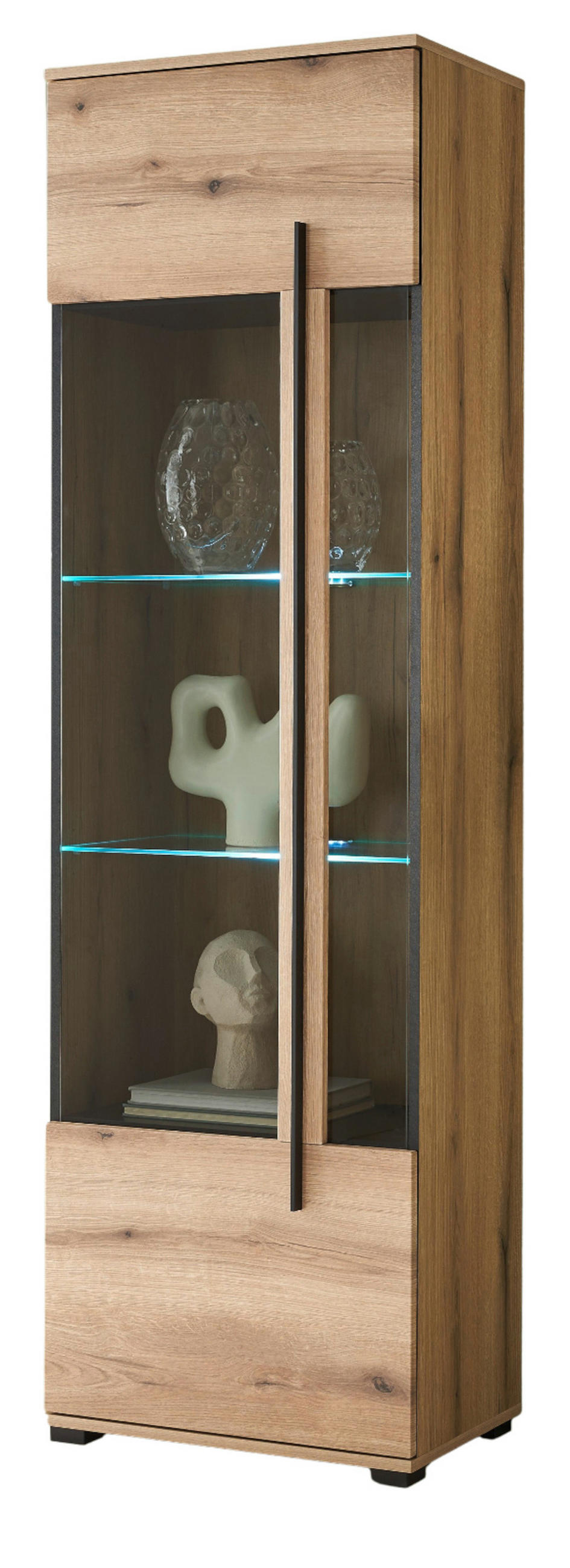 VITRINE Eiche Evoke, Vitrinenschrank 60 cm mit Beleuchtung - Eichefarben/Schwarz, Glas/Holzwerkstoff (60/200/37cm) - Furn.Design