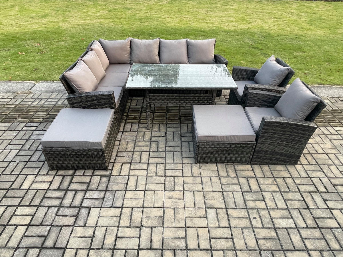 LOUNGEMÖBEL-SETS mit Esstisch Sofa Polyrattan Dunkelgrau 10-Sitzer - Dunkelgrau/Grau, Glas/Kunststoff - Fimous