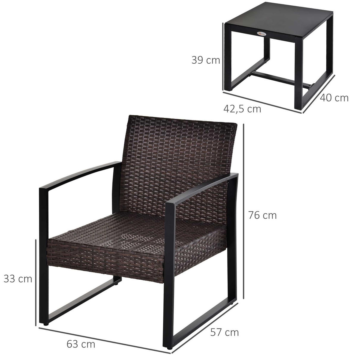 RATTAN Gartenmöbel Set mit Kissen Garten Braun+Creme - Braun, Kunststoff - Outsunny