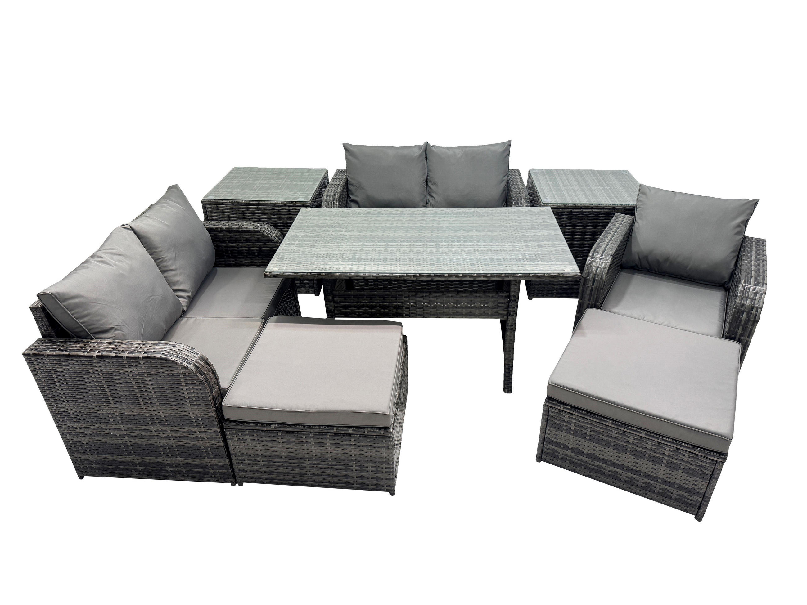 Gartenmöbelset mit Esstisch,Zweisitzer,Beistelltischen Polyrattan Dunkelgrau 7-Sitzer - Dunkelgrau/Grau, Glas/Kunststoff - Fimous