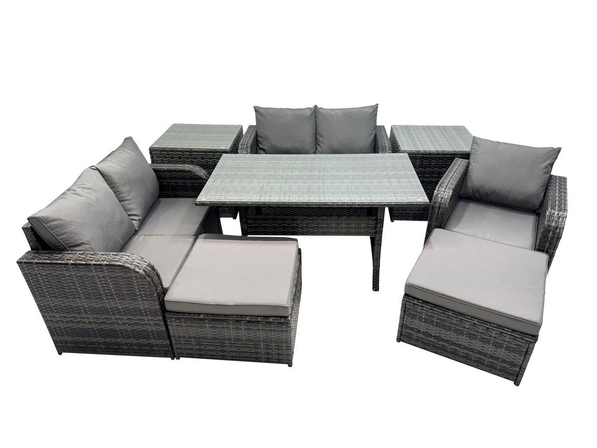 Gartenmöbelset mit Esstisch,Zweisitzer,Beistelltischen Polyrattan Dunkelgrau 7-Sitzer - Dunkelgrau/Grau, Glas/Kunststoff - Fimous