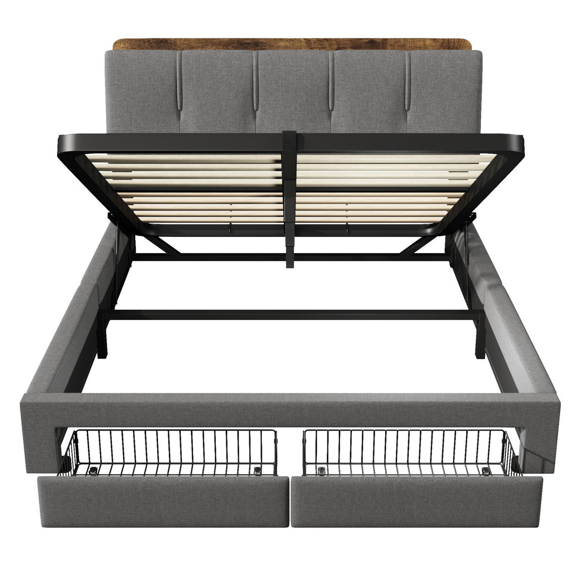 POLSTERBETT mit Bettkasten 140x200 cm Leinen Grau mit USB/Typ-C und LED - Grau, Metall (140/200cm) - Meubliv