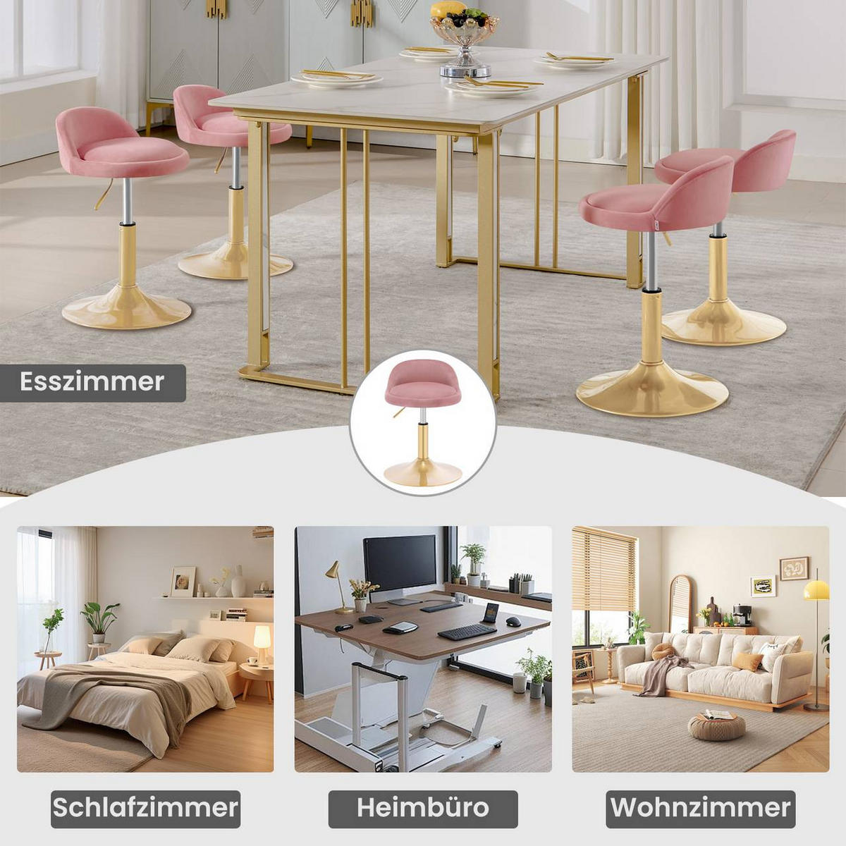 BARHOCKER 2er Set Drehhocker, Samt, Rosa+Gold - Goldfarben/Rosa, Kunststoff/Textil (38.5/49.5/43cm) - Woltu