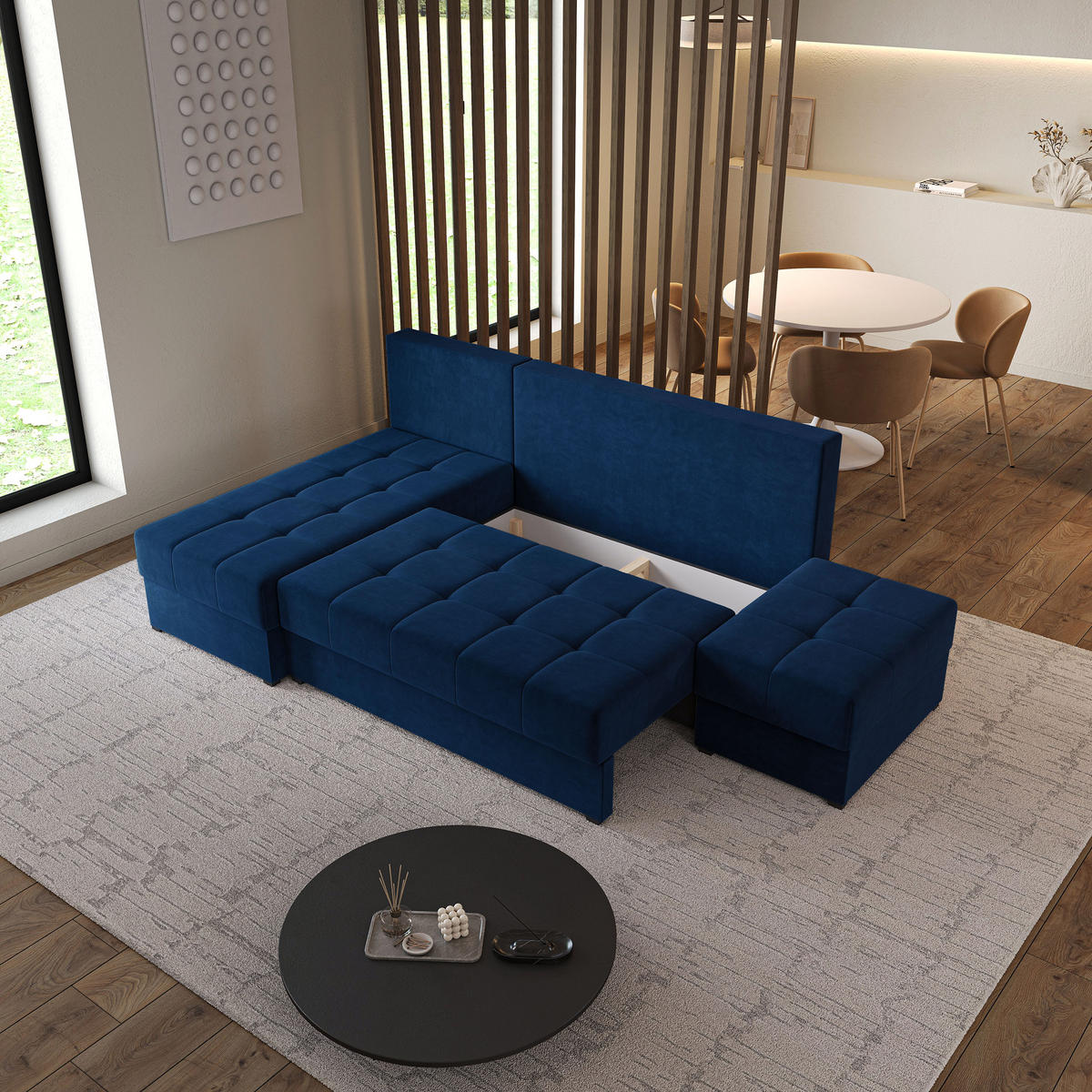 ECKSOFA NORVI Blau Plüsch-Stoff mit Schlaffunktion - Blau, Holz (251/143cm) - MASSENO