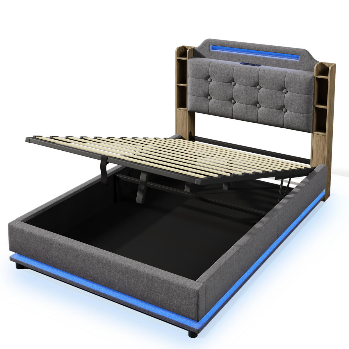 POLSTERBETT 140x200cm Grau Leinen LED-Licht Hydraulik USB-C - Grau, Holz (140/200cm) - FLIEKS