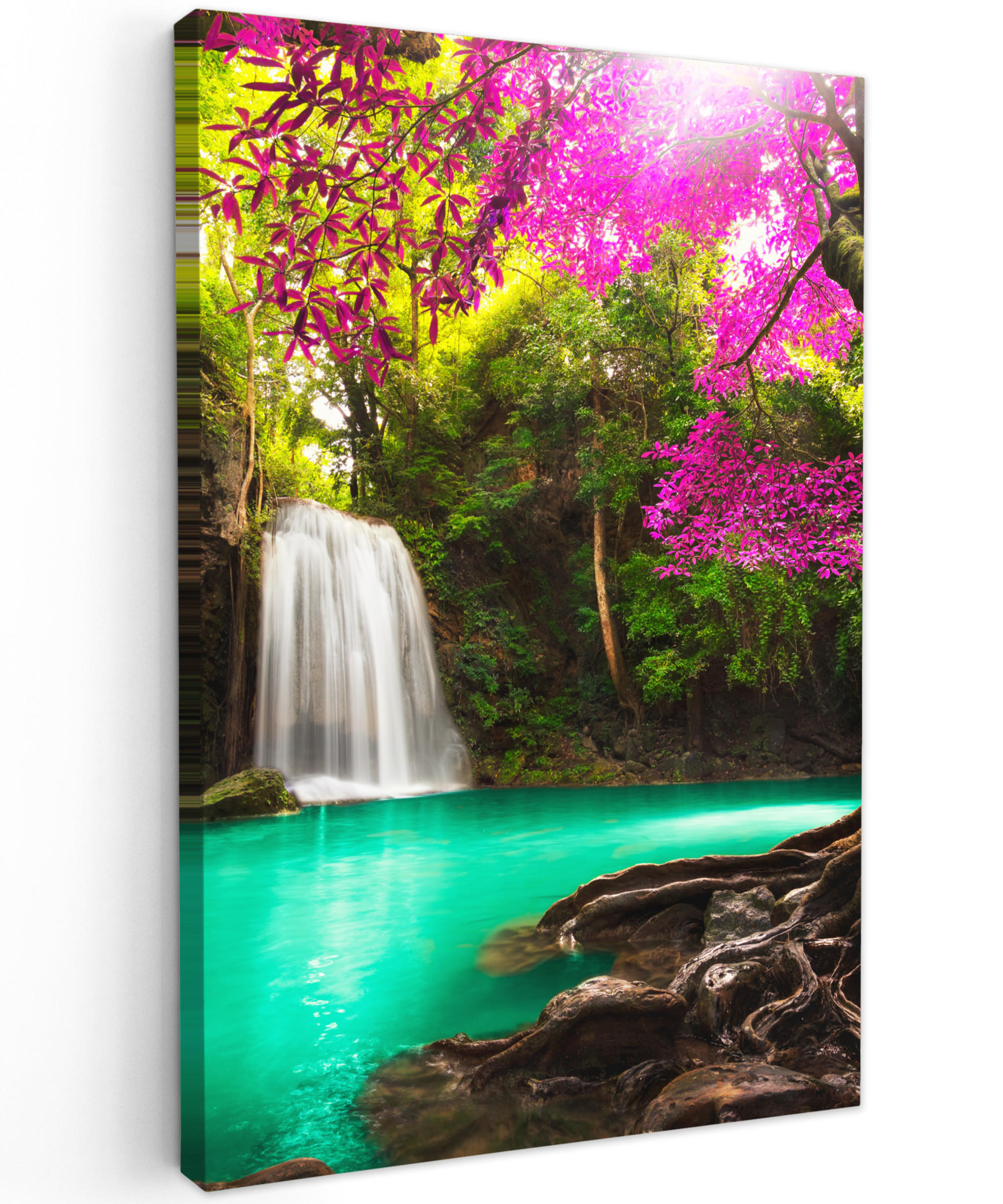 LEINWANDBILD Wasserfall mit bunten Blumen und Bäumen - Natur - Dschungel 80x120 cm - Waldgrün, Textil (80/120cm) - MuchoWow