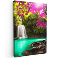 LEINWANDBILD Wasserfall mit bunten Blumen und Bäumen - Natur - Dschungel 80x120 cm - Waldgrün, Textil (80/120cm) - MuchoWow