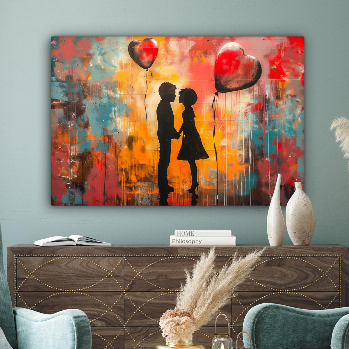 LEINWANDBILD Straßenkunst - Liebe - Graffiti - Kunst - Banksy Wohnzimmer 120x80 cm - Orange, Textil (120/80cm) - MuchoWow