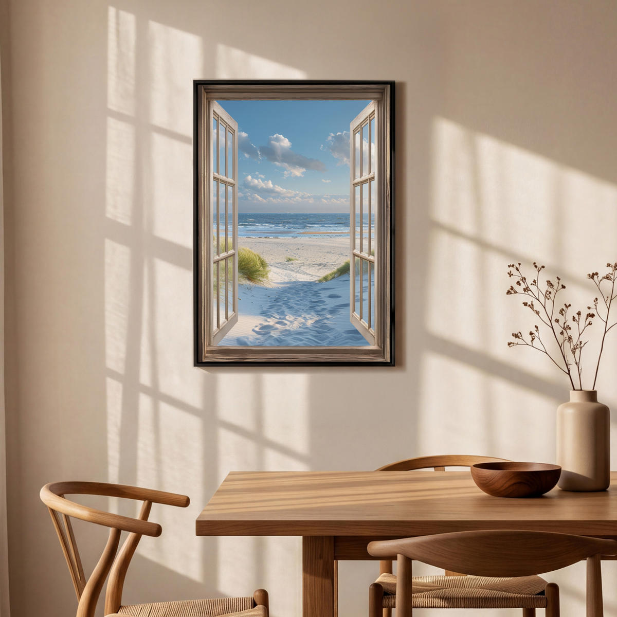 LEINWAND Bilder mit Rahmen - Aussicht - Strand - Fenster - Dünen - Meer - 60x90 - Hellblau, Textil (60/90cm) - MuchoWow