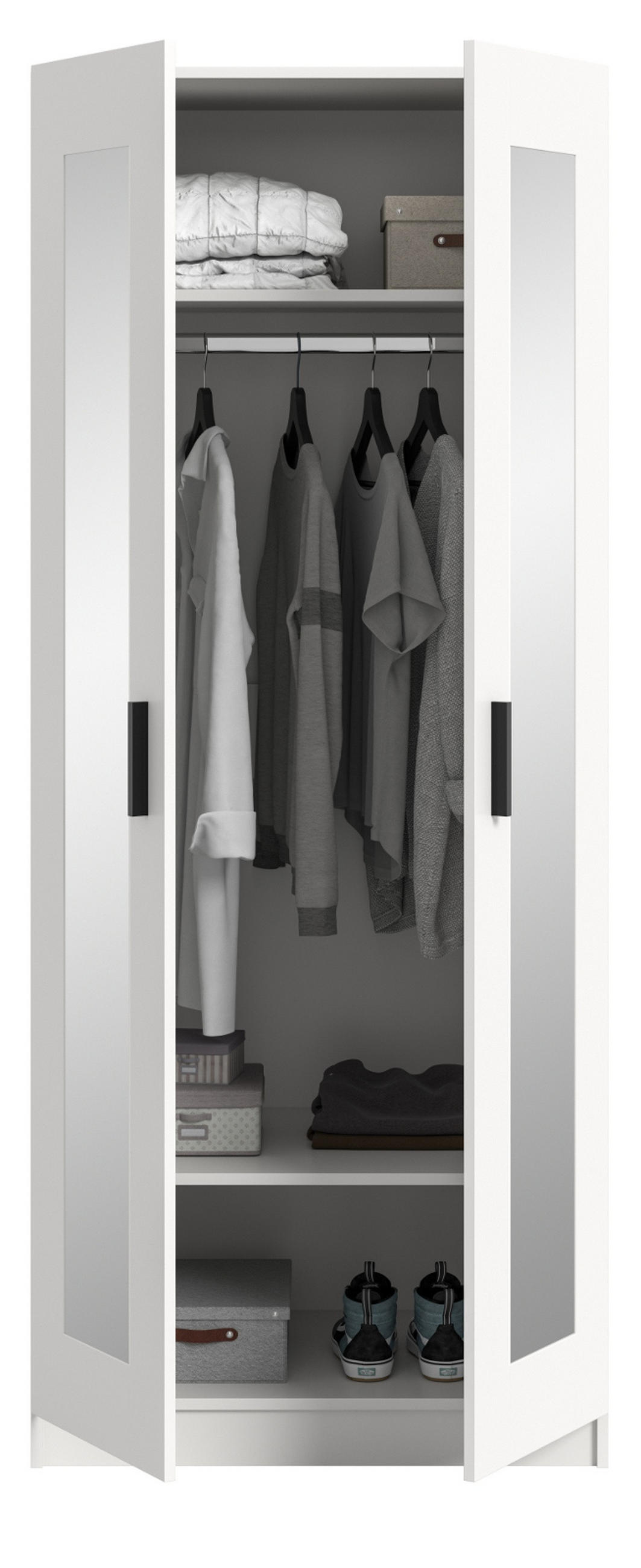 KLEIDERSCHRANK in weiß 80 x 194 cm skandinavisch, Drehtürenschrank 2-türig mit Spiegel - Schwarz/Weiß, Glas/Holzwerkstoff (80/194/56cm) - Inn.Furn
