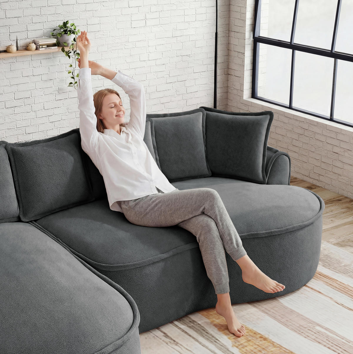 ECKSOFA 252/164/67 cm modular grau aus Chenille rahmenlos mit Schlaffunktion - Grau, Textil (164/252cm) - OKWISH