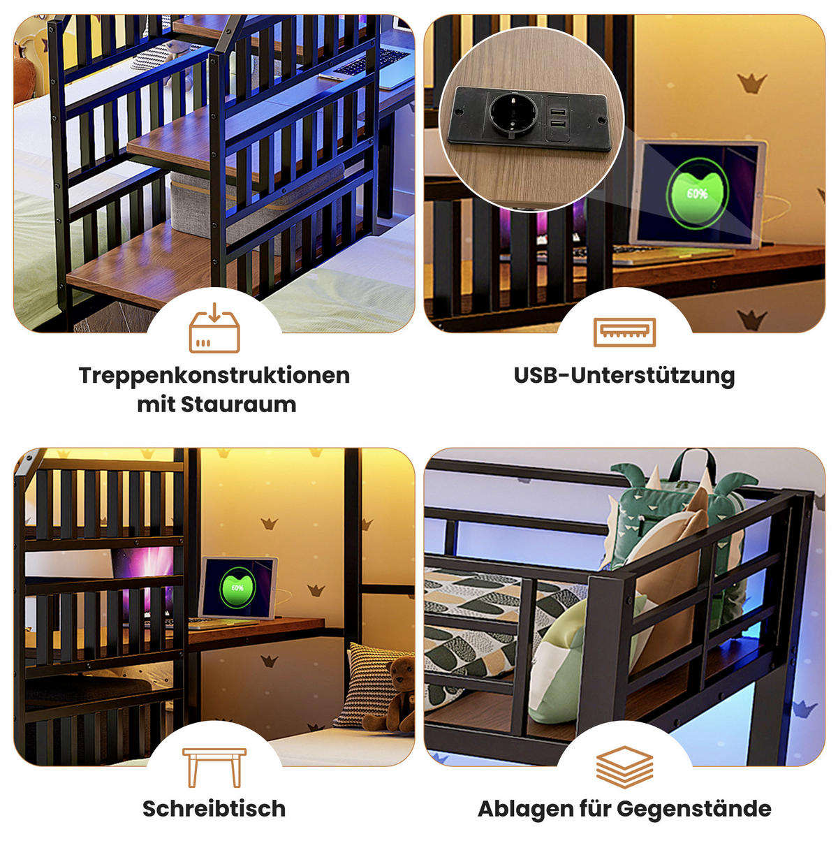 ETAGENBETT aus Metall und MDF 90x200 cm Schwarz für 3 Schlafplätze mit LED, Stauraumtreppe und Schreibtisch - Schwarz, Metall (90/200cm) - IVMEU