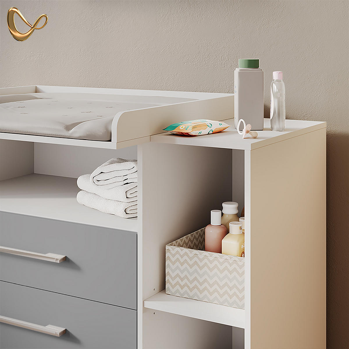 WICKELKOMMODE Torino Weiß/Grau mit Schubladen - Weiß/Grau, Holzwerkstoff (113/100/53cm) - Livinity®