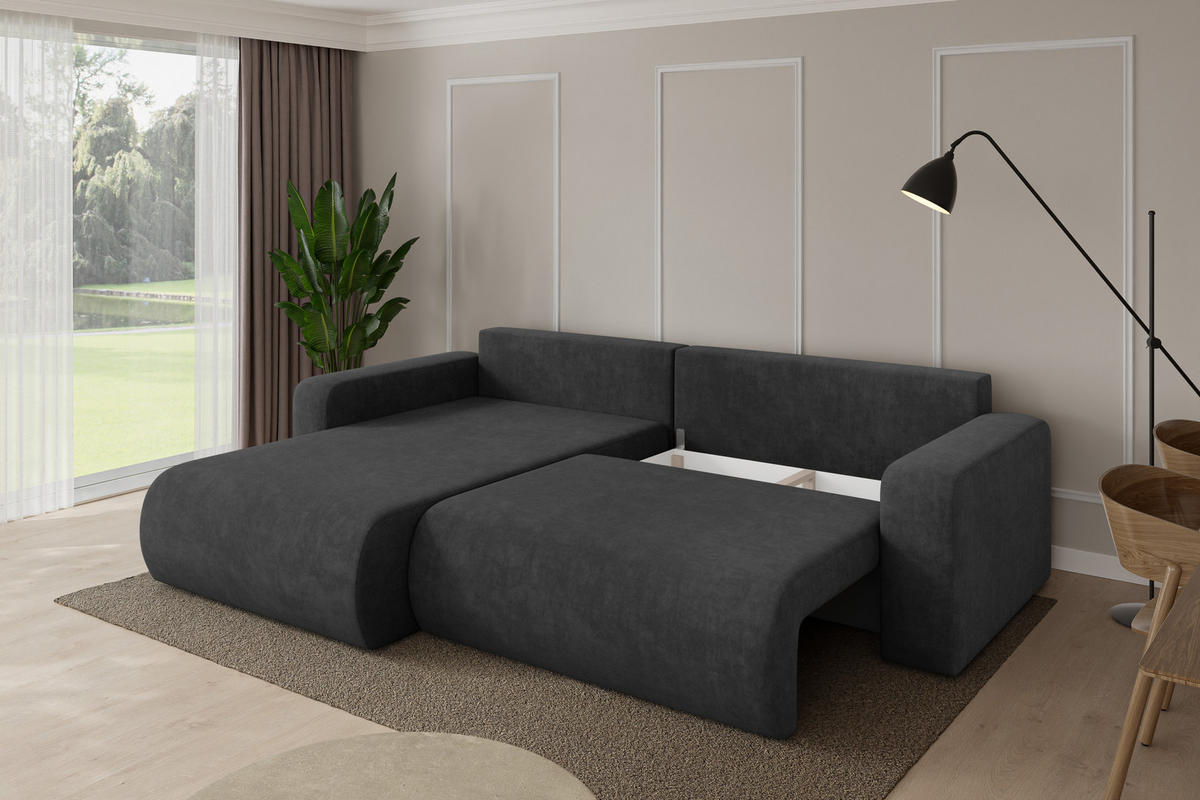 ROHOVÁ SEDAČKA s funkcí spaní, otoman vlevo BERY-L 276x193x88 tmavě šedá velur - černá/antracitová, kompozitní dřevo/textil (276/193cm) - ALTDECOR