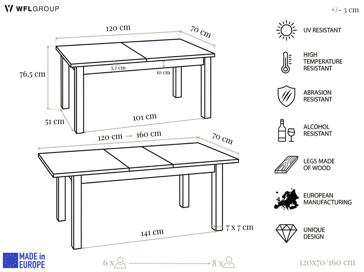 ESSTISCH Lindberg ausziehbar verlängerbar rechteckig, Eiche Braun 120-160/70/77 cm - Eiche Wotan/Schwarz, Holz/Holzwerkstoff (120/70/76.5cm) - WFL GROUP