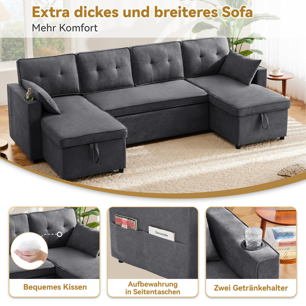 SCHLAFSOFA 270/130/86 cm Grau mit Getränkehalter und Ablageflächen - Grau, Textil (270/86/130cm) - Oxeza