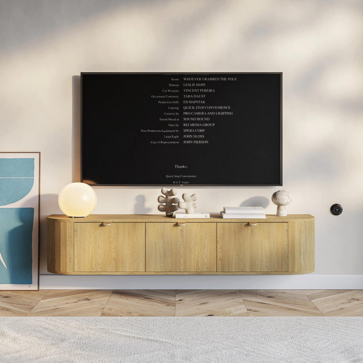 TV stolek Coru závěsný se 3 výklopnými dvířky, 175cm - zlatá/barva dubu, kov/kompozitní dřevo (175.4/35/39.1cm) - Selsey