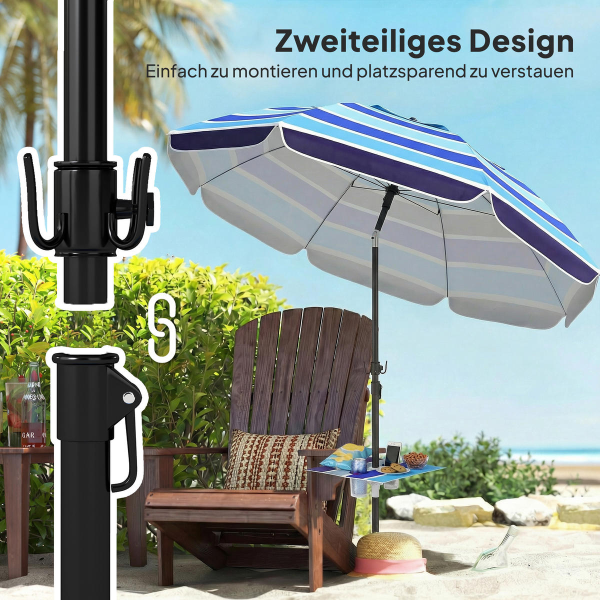 STRANDSCHIRM DE-05609 Mit klappbarem Tisch & Getränkehalter Mehrfarbig - Multicolor, Textil/Metall (198/198cm) - ComfortXL