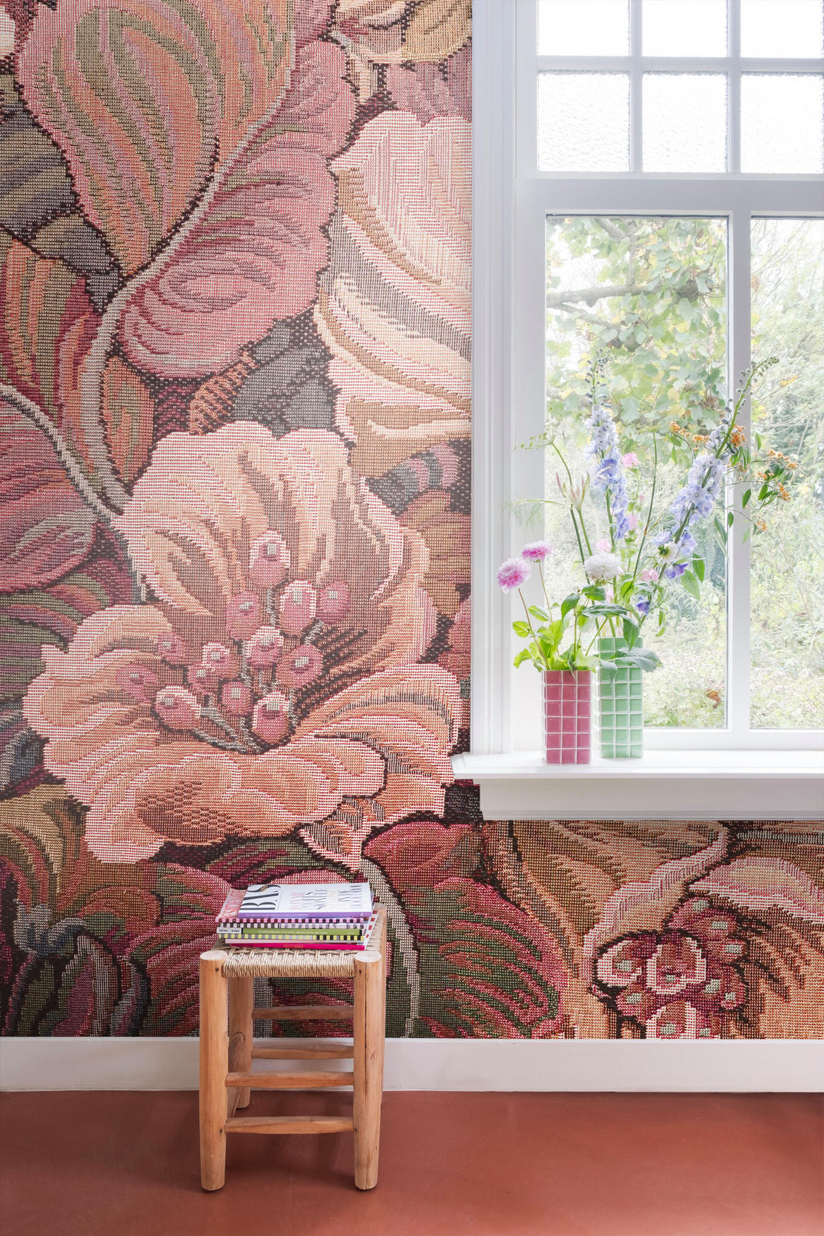 FOTOTAPETE gesticktes Blumenmuster 250 x 279 cm - Pink, Papier (250/279cm) - ESTAhome