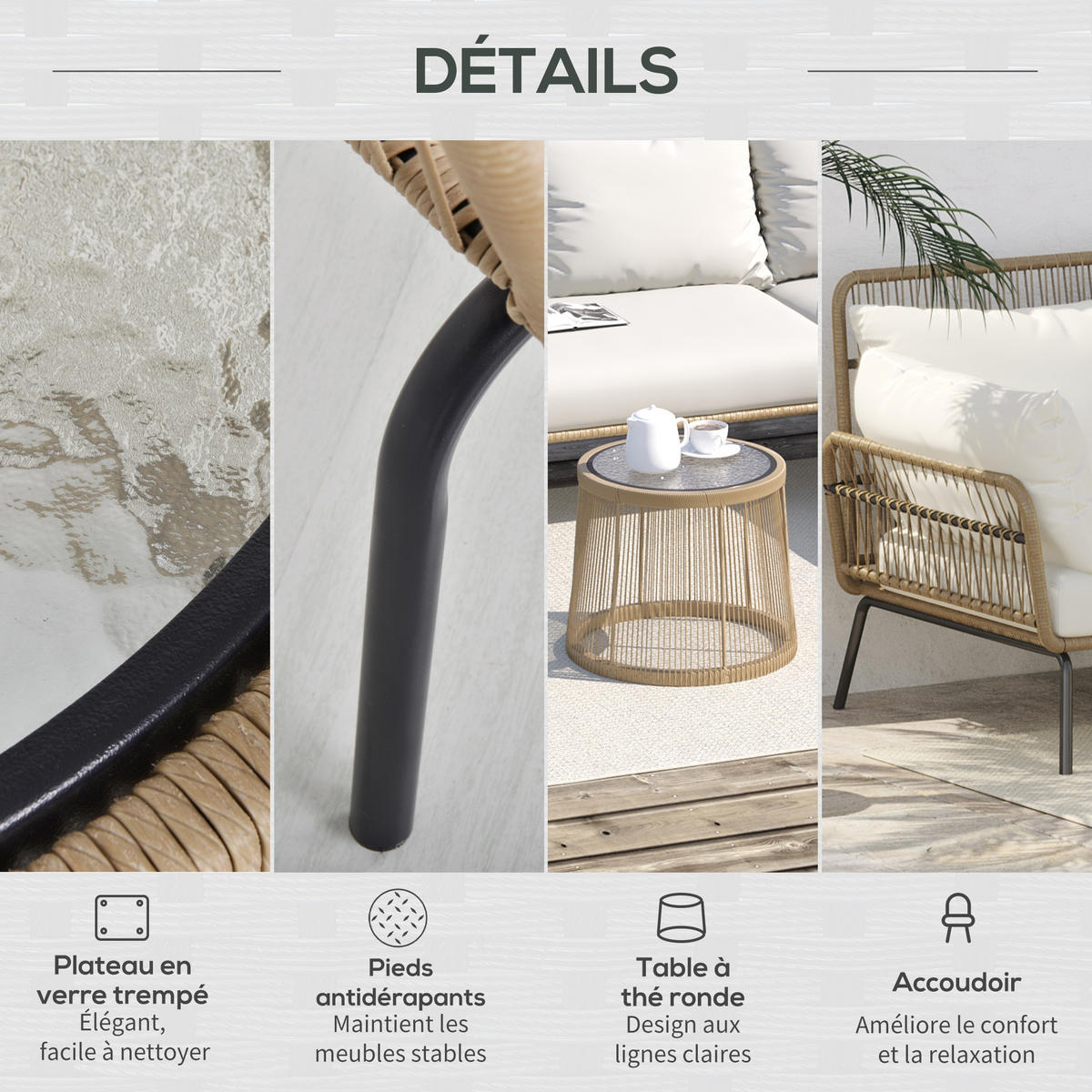 GARTENLOUNGE DE-13558 mit Recamiere & Glastisch Creme - Creme, Kunststoff/Metall - ComfortXL