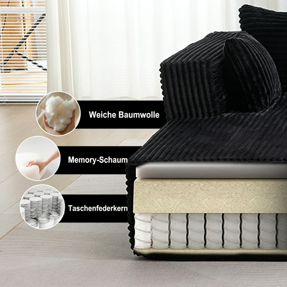 ECKSOFA 279/179/83 cm Schwarz Cord mit Chaiselongue - Schwarz, Textil (179/83/279cm) - Oxeza