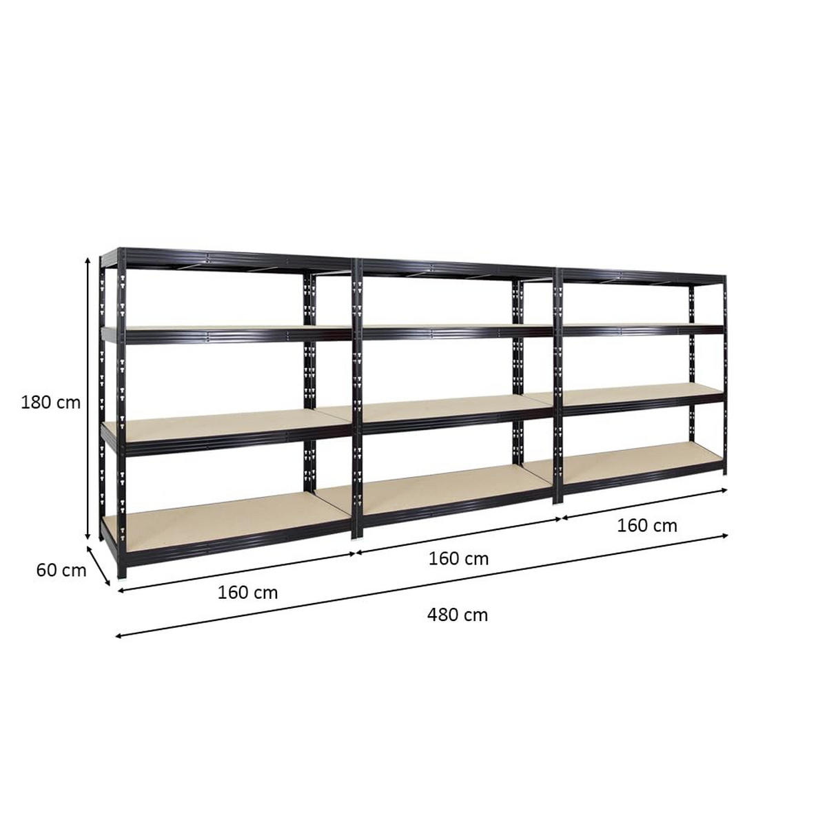 SCHWERLASTREGAL Rhino 3er-Set mit 3x 180x160x60 cm 4 Spanplatten-Ebenen 8mm Fachlast 500 kg Schwarz - Schwarz, Metall (480/180/60cm) - PROREGAL