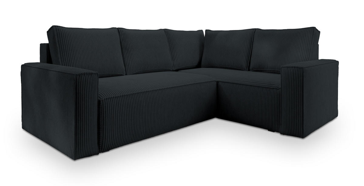 ECKSOFA ESTANO R-S Schwarz Kordstoff mit Schlaffunktion - Schwarz, Holz (230/158cm) - MASSENO