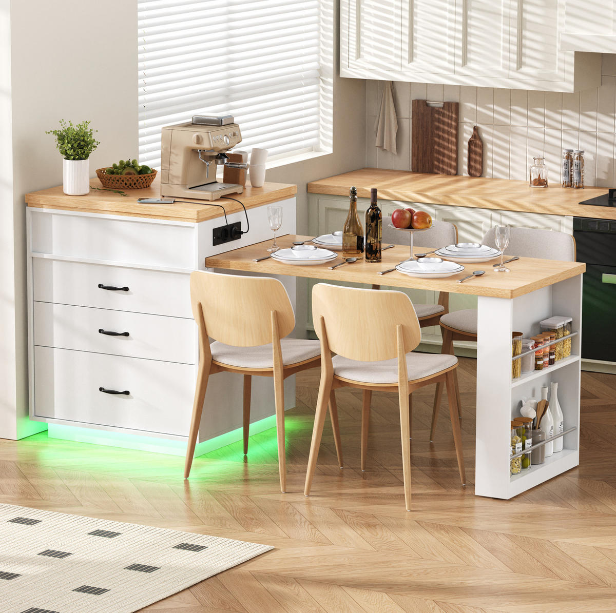 KUHINJSKI otok 125,5–187,5/71/93 cm z raztegljivo mizo, LED osvetlitvijo in USB/Type-C, bel - bela, leseni material (125.5/93/71cm) - Redom