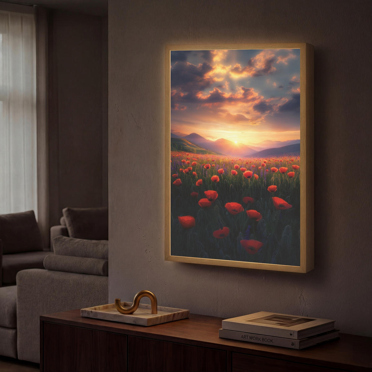 WANDLEUCHTE MIT AKKU Landschaft - Sonnenuntergang - Blumenfeld 40x60 cm - Rot, Holzwerkstoff (40/60/8cm) - OnlyWow