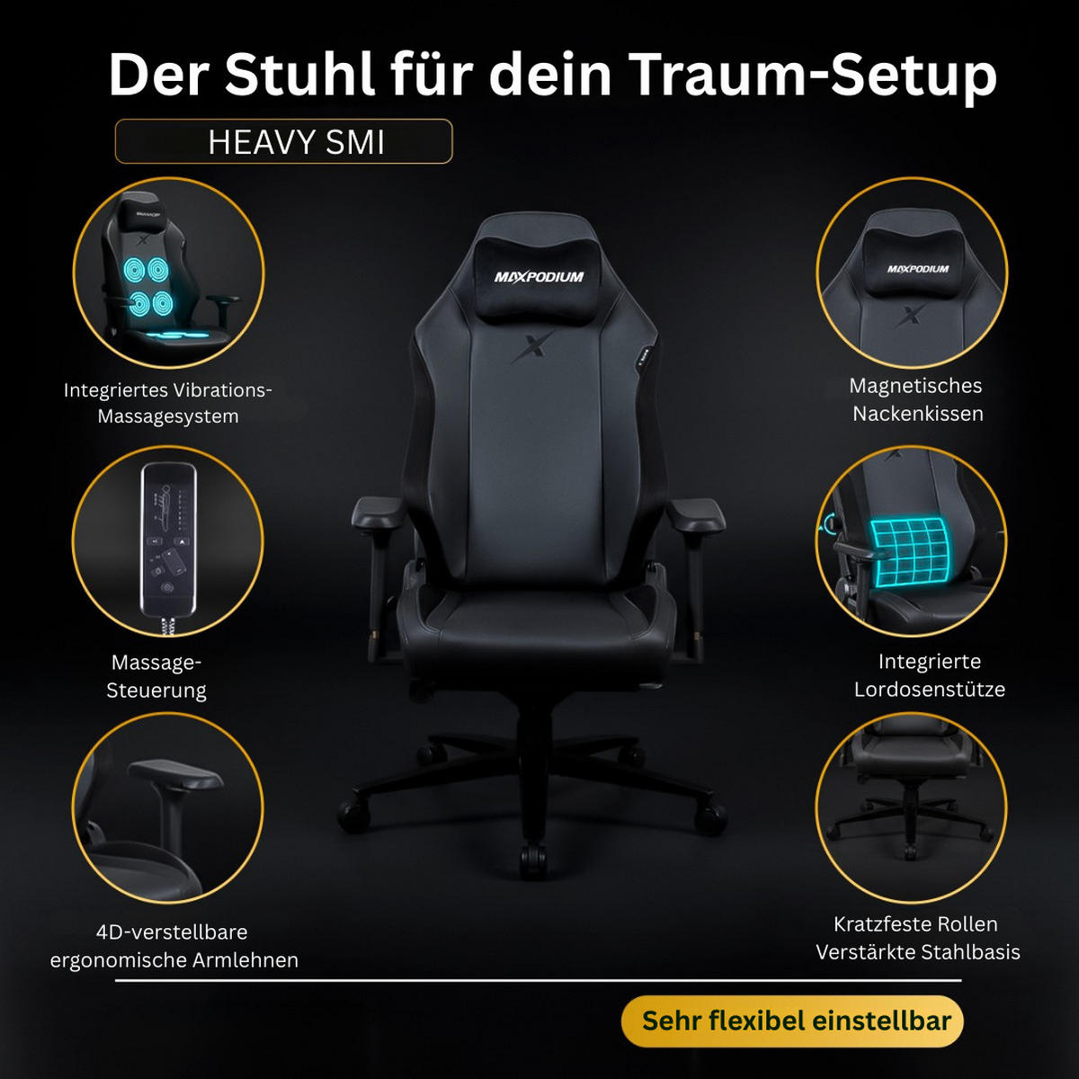 GAMING-BÜROSTUHL Heavy SMI Schwarz - Schwarz, Metall (55/137/49cm) - MaxPodium