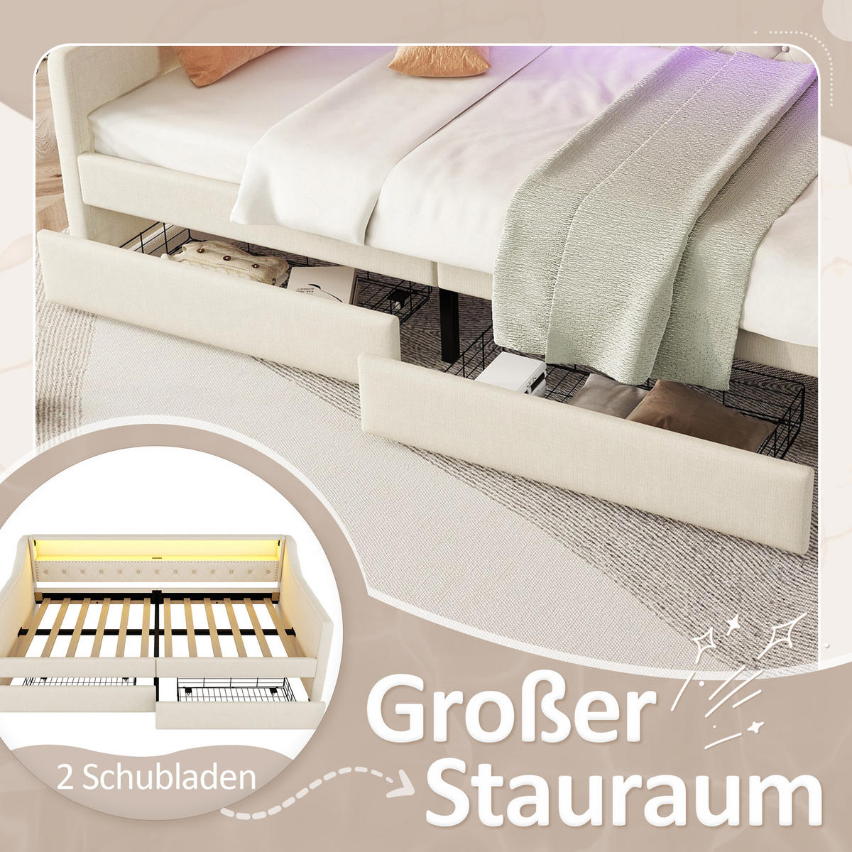 TAGEBETT 90x200cm Beige Leinen Ambientelicht 2 Schubladen USB - Beige, Holz (90/200cm) - FLIEKS