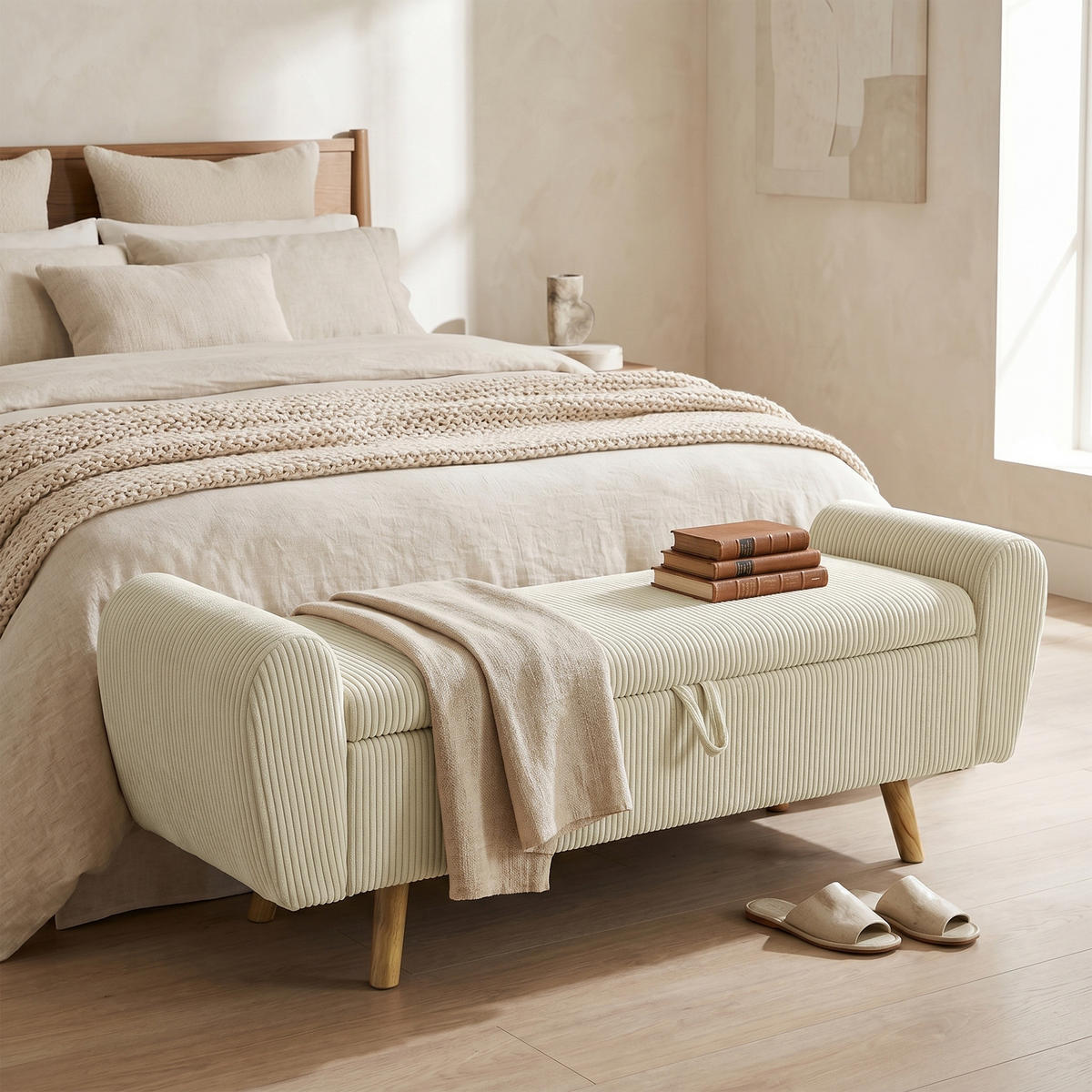 SITZBANK Polyester Gummibaumholz Beige - Beige, Holz/Textil (45/51/150cm) - HOMCOM