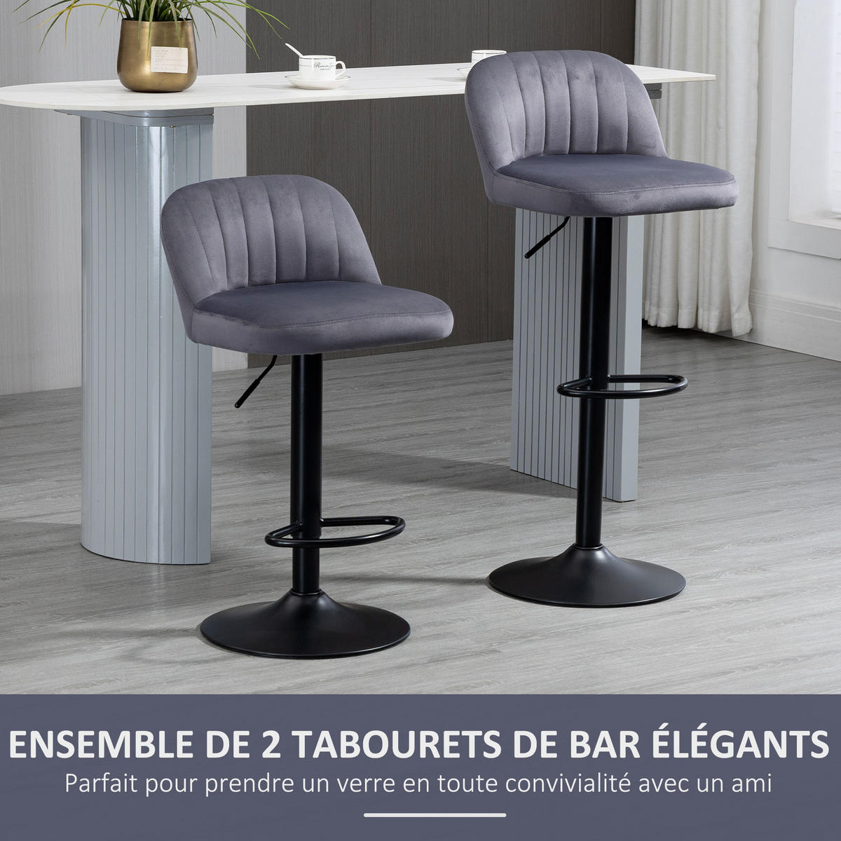 BARHOCKER 2er-Set DE-14823 höhenverstellbar & schwenkbar mit Fußstütze Grau - Grau, Metall (45/101/43cm) - ComfortXL