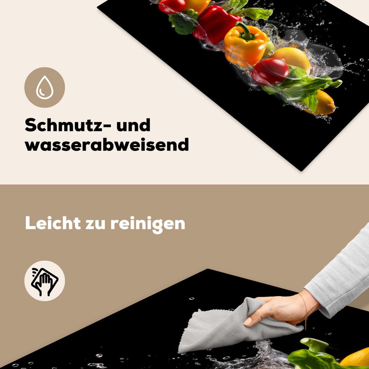 HERDABDECKPLATTE Paprika - Wasser - Gemüse - Schwarz 91x52 cm - Multicolor, Kunststoff (91.2/0.2/52cm) - MuchoWow