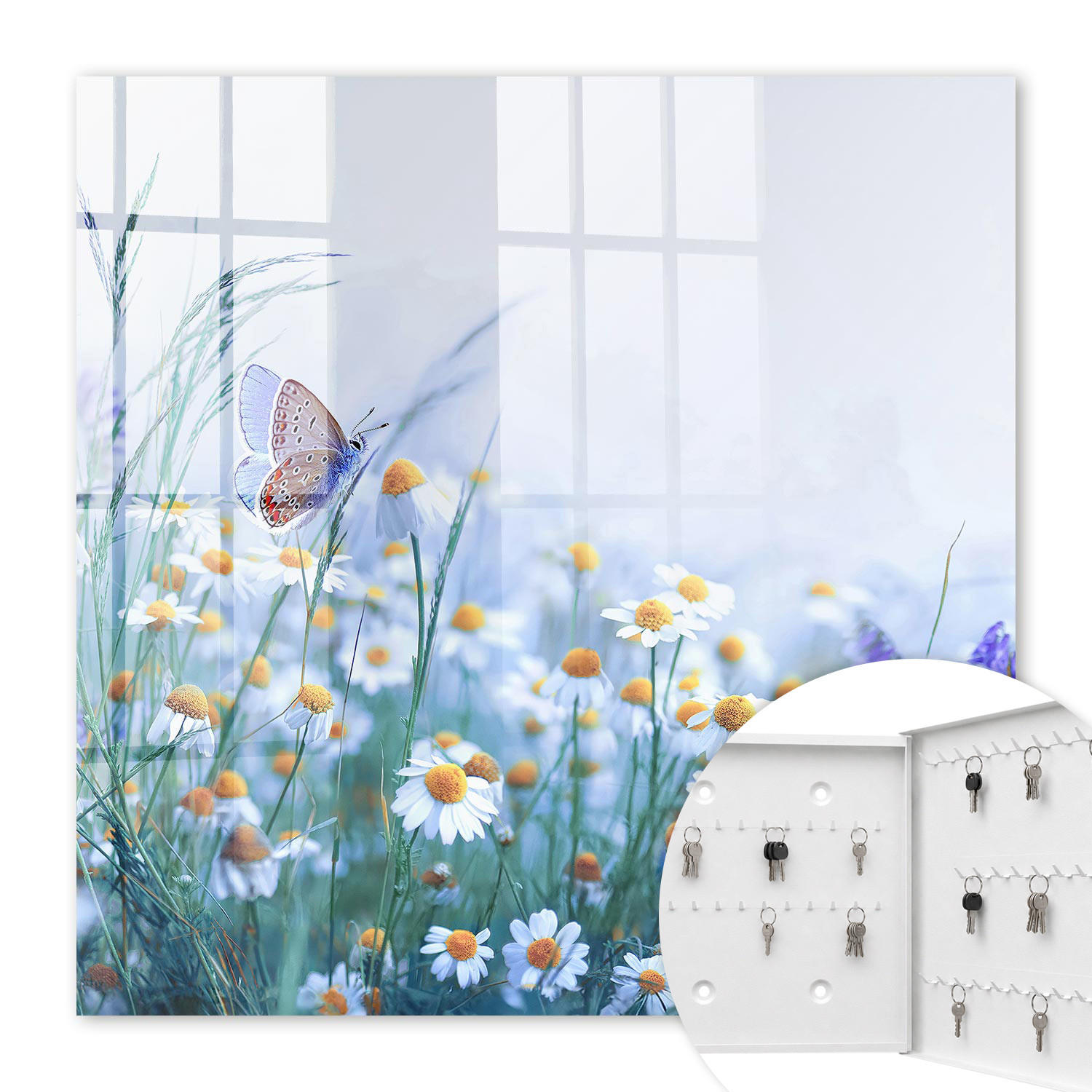 SCHLÜSSELBOX Weiß 30x30 cm – Türöffnung nach rechts - Sommerwiese - Blau, Metall (30/30/5cm) - TULUP
